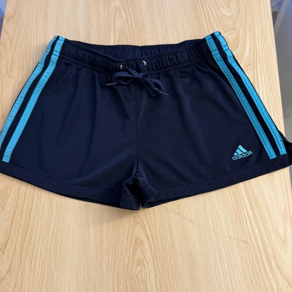Adidas Women’s Navy athletic Shorts with Teal Stripes - Picture 4 of 5